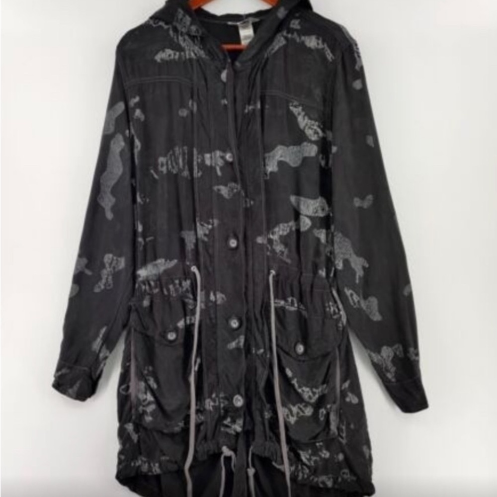 Hard Tail Anorak Jacket Womens Medium Gray Camo 100% Cupro Long Hooded Boho USA